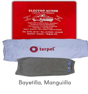 Bayetilla, Manguiilla
Bayetilla: Material Algodon, Colores Blanca o Roja, Tamaño 30 x 30 cms.  Logo Bordado o Screen. Manguilla:  Material Algodon, Variedad en colores, Tamaño: 36 cms de largo. Tecnica de marca: Screen.
